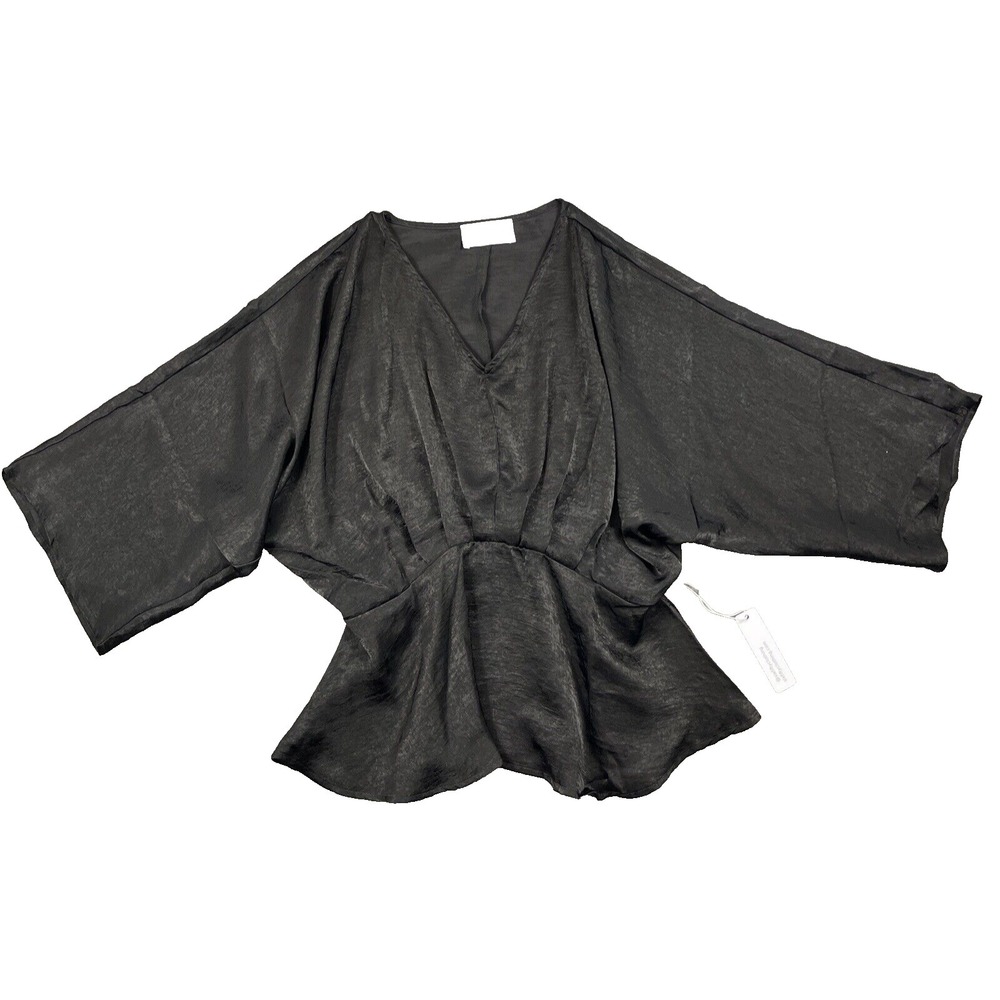 Six/Fifty Blouse Womens Medium Black Satin V Neck Dolman Peplum Hem Fairy Goth